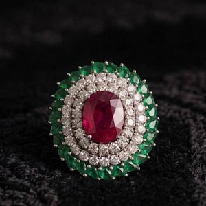 Ruby Emerald Cocktail Ring, 925 Silver Oval Ruby Ring, Double Diamond Halo Emerald Ring, July May Birthstone Ring, Vintage Statement Ring