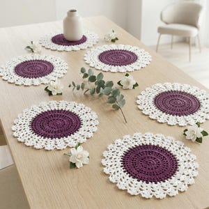 Set di 6 tovagliette all'uncinetto fatte a mano, decorazioni rotonde in stile boho per la tavola, piatti sottopiatti in cotone Supla