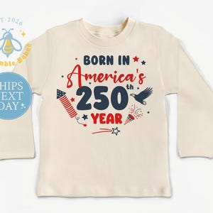 American 250th Year Baby Onesie® Natural Romper July 4th Patriotic Bodysuit Long Sleeve Natural Shirt