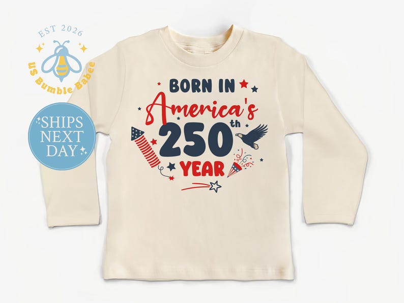 American 250th Year Baby Onesie® Natural Romper July 4th Patriotic Bodysuit Long Sleeve Natural Shirt