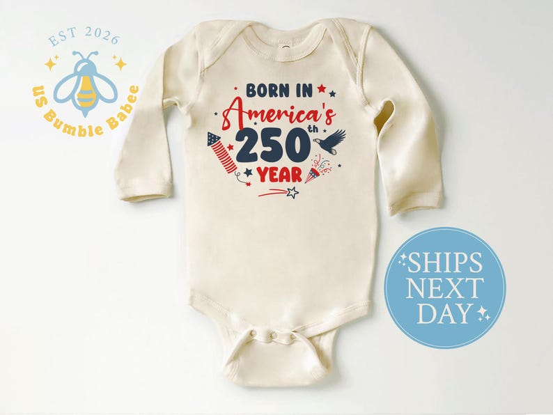 American 250th Year Baby Onesie® Natural Romper July 4th Patriotic Bodysuit Long Sleeve Natural Onesie