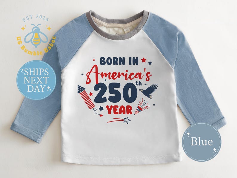 American 250th Year Baby Onesie® Natural Romper July 4th Patriotic Bodysuit Natural Blue Raglan