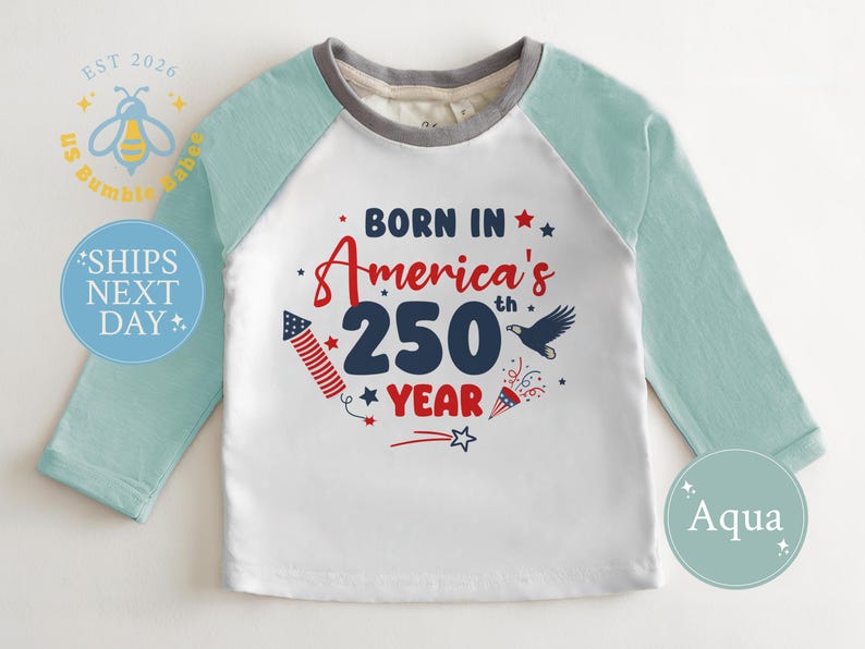 American 250th Year Baby Onesie® Natural Romper July 4th Patriotic Bodysuit Natural Aqua Raglan