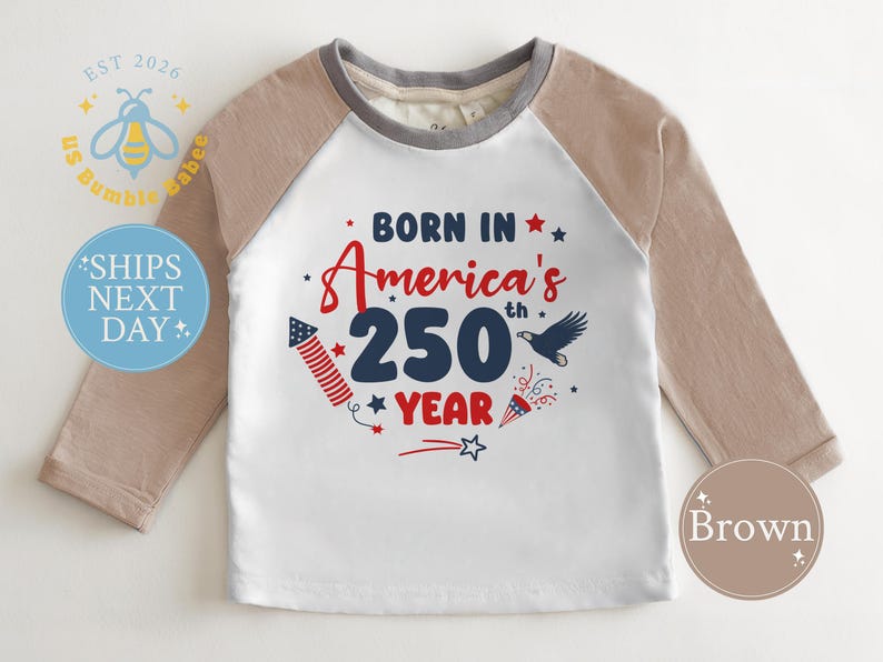 American 250th Year Baby Onesie® Natural Romper July 4th Patriotic Bodysuit Natural Brown Raglan