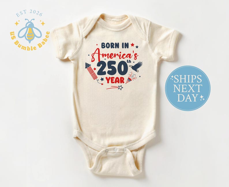 American 250th Year Baby Onesie® Natural Romper July 4th Patriotic Bodysuit Short Sleeve Natural Onesie