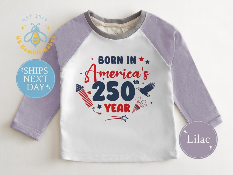American 250th Year Baby Onesie® Natural Romper July 4th Patriotic Bodysuit Natural Lilac Raglan