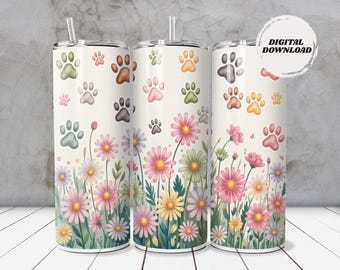 Floral Paw Print Tumbler Wrap | Daisy Flowers Pet Lover Design (Digital Download)