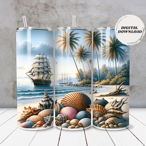 May include: Three stainless steel tumblers with a beach scene design. The design features a sailboat on the ocean, palm trees, seashells, and the text "DIGITAL DOWNLOAD". The tumblers have a white background and a straw.