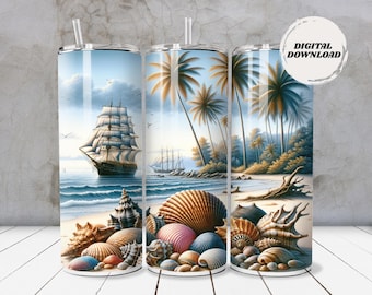 Seaside Escape Tumbler Wrap | Nautical Ship, Seashells, Beach Scene (Digital Download)