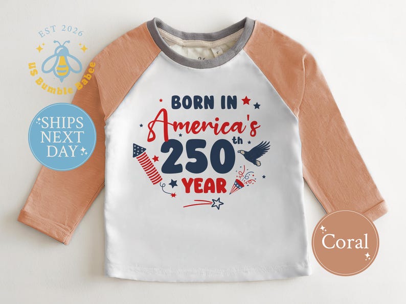 American 250th Year Baby Onesie® Natural Romper July 4th Patriotic Bodysuit Natural Coral Raglan