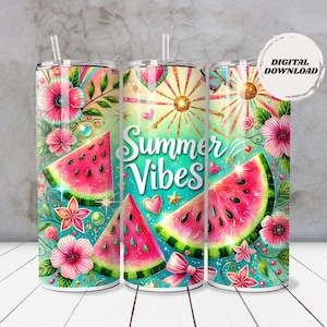 May include: Three stainless steel tumblers with a vibrant summer design. The design features watermelon slices, flowers, and the words "Summer Vibes". The tumblers have a straw and a lid. The background is a light teal colour.