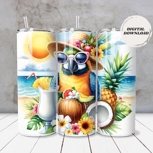 Puede incluir: Tres vasos blancos de acero inoxidable de 590 ml con temática tropical. Cada vaso presenta un diseño de acuarela vibrante de un loro con gafas de sol y un sombrero de paja, rodeado de frutas y flores tropicales. El texto "DIGITAL DOWNLOAD" está en un vaso.