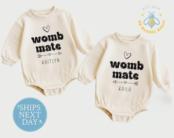 Personalized Womb Mate Romper Set, Custom Name Baby Onesie® Bodysuit, Twin Natural Bodysuits