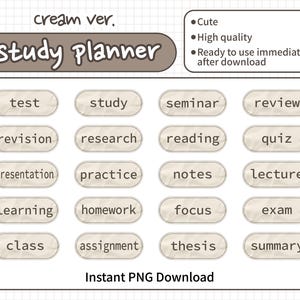 Op de afbeelding: Een digitaal studieplannerblad in een crèmeversie met twintig ovale labels met tekst, waaronder test, study, seminar, review, revision, research, reading, quiz, presentation, practice, notes, lecture, learning, homework, focus, exam, class, assignment, thesis en summary.