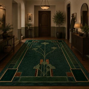 May include: A rectangular area rug featuring a deep forest green background with a symmetrical, stylized floral motif in lighter green and brown tones. The design includes geometric borders and clean lines that frame the central botanical pattern.
