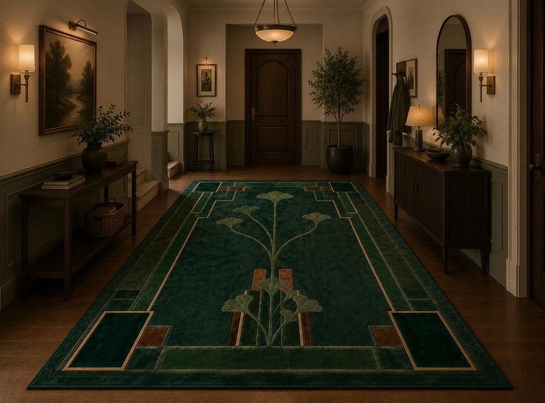 May include: A rectangular area rug featuring a deep forest green background with a symmetrical, stylized floral motif in lighter green and brown tones. The design includes geometric borders and clean lines that frame the central botanical pattern.