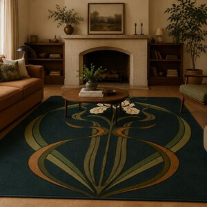 May include: A large rectangular area rug featuring a deep dark teal background with a central stylised floral motif in shades of olive green, muted orange, and cream. The design includes symmetrical curved lines and organic shapes.