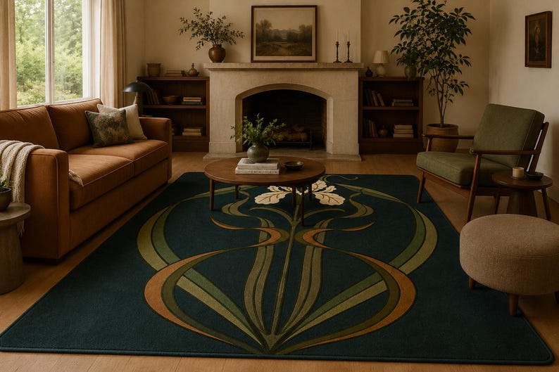 May include: A large rectangular area rug featuring a deep dark teal background with a central stylised floral motif in shades of olive green, muted orange, and cream. The design includes symmetrical curved lines and organic shapes.