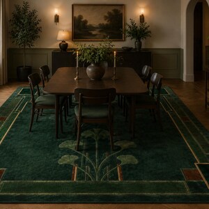 May include: A large rectangular area rug featuring a deep forest green field with a symmetrical, stylized botanical motif in lighter green and gold. The border displays geometric patterns in dark green, brown, and gold, creating a structured frame.