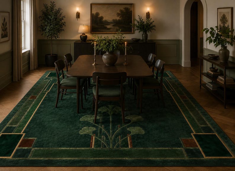 May include: A large rectangular area rug featuring a deep forest green field with a symmetrical, stylized botanical motif in lighter green and gold. The border displays geometric patterns in dark green, brown, and gold, creating a structured frame.