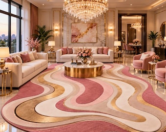 May include: A large area rug featuring a wavy, organic pattern in shades of dusty rose, cream, and metallic gold. The rug has a textured surface with flowing, curved lines that create a layered effect across the floor of a spacious living room.