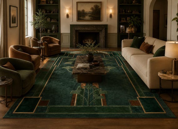 Art Deco Botanical Rug, Handmade Tufted Green Area Rug, Luxury Ginkgo Leaf Carpet, Emerald Gold Designer Rug, Custom Modern Living Room Rug,