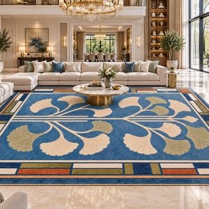 Peut inclure: Un grand tapis rectangulaire présentant un fond bleu vif avec un motif symétrique de feuilles de ginkgo en crème et vert sauge. La bordure se compose de blocs géométriques dans des tons orange, bleu foncé et vert olive, encadrant le motif.
