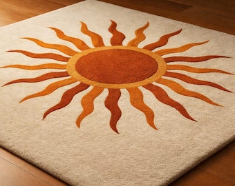 Hand Tufted Wool Sunburst Rug, Boho Retro Cream Orange Carpet