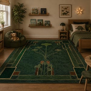 May include: A large rectangular area rug featuring a deep forest green background with a central stylized botanical motif in lighter green and brown. The rug has a geometric border pattern in gold and dark green, covering the floor of a room.