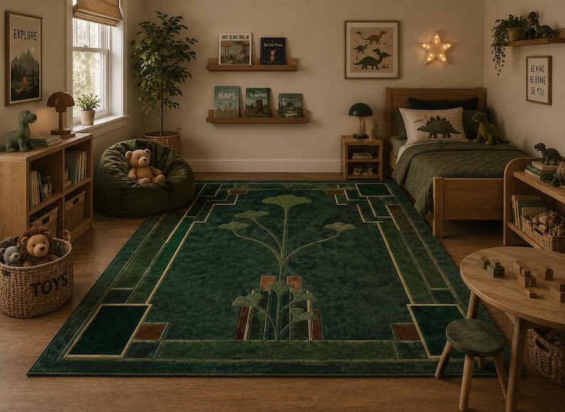 May include: A large rectangular area rug featuring a deep forest green background with a central stylized botanical motif in lighter green and brown. The rug has a geometric border pattern in gold and dark green, covering the floor of a room.