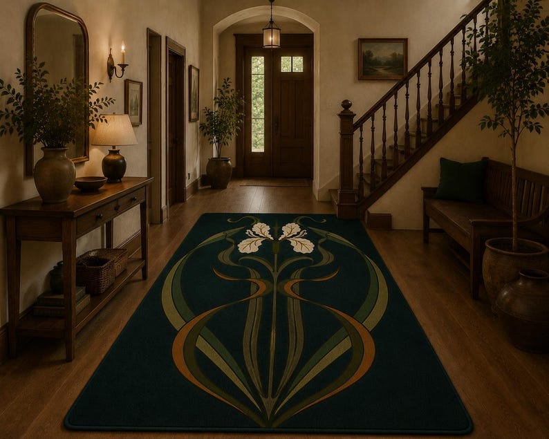 May include: A rectangular area rug featuring a dark green background with a central symmetrical floral motif in shades of cream, olive green, and burnt orange. The design displays stylised iris flowers with long, flowing stems and leaves.