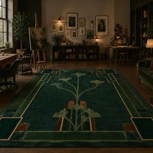 May include: A large rectangular area rug in a deep forest green hue featuring a symmetrical botanical pattern of stylized ginkgo leaves in lighter green and brown tones, framed by geometric lines and rectangular accents in gold and dark brown.