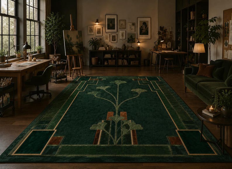 May include: A large rectangular area rug in a deep forest green hue featuring a symmetrical botanical pattern of stylized ginkgo leaves in lighter green and brown tones, framed by geometric lines and rectangular accents in gold and dark brown.
