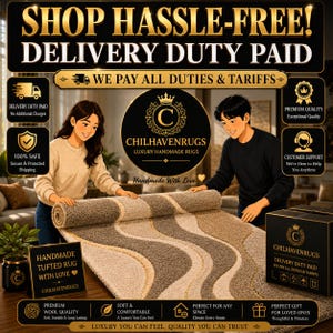 May include: A tufted rug with a wavy pattern in shades of beige, tan, and brown. The rug is partially unrolled, displaying a thick, textured pile. The image includes text such as CHILHAVENRUGS, HANDMADE TUFTED RUG WITH LOVE, and various service icons.