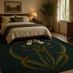 May include: A rectangular area rug featuring a deep teal background with a large, centred floral motif. The design displays a white iris flower with long, flowing green and bronze-toned leaves that curve symmetrically across the dark surface.