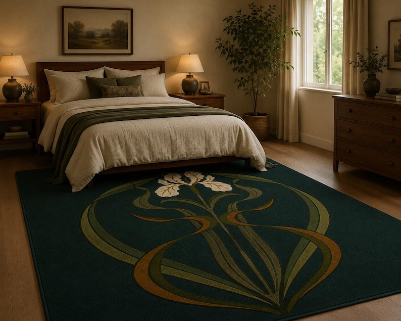 May include: A rectangular area rug featuring a deep teal background with a large, centred floral motif. The design displays a white iris flower with long, flowing green and bronze-toned leaves that curve symmetrically across the dark surface.