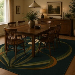 May include: A rectangular area rug featuring a dark teal background with large, flowing, abstract leaf-like patterns in shades of olive green, sage, and burnt orange. The rug is positioned under a wooden dining table and six matching wooden chairs.