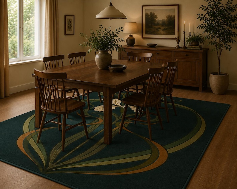 May include: A rectangular area rug featuring a dark teal background with large, flowing, abstract leaf-like patterns in shades of olive green, sage, and burnt orange. The rug is positioned under a wooden dining table and six matching wooden chairs.
