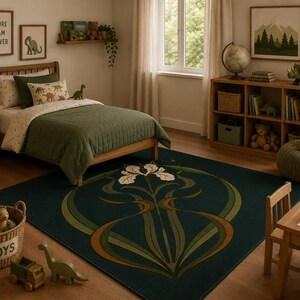 May include: A large rectangular area rug featuring a dark green background with a central stylised floral motif in shades of cream, olive, and brown. The design displays symmetrical, flowing lines that form an organic, botanical pattern.