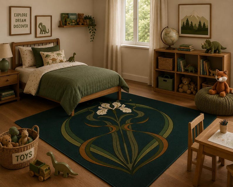 May include: A large rectangular area rug featuring a dark green background with a central stylised floral motif in shades of cream, olive, and brown. The design displays symmetrical, flowing lines that form an organic, botanical pattern.