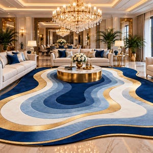 Peut inclure: Un tapis de forme organique irrégulière présentant des bandes concentriques fluides bleu marine profond, bleu clair et crème, rehaussées d'une bordure dorée métallique. Le tapis est posé sur un sol en marbre poli dans un grand salon ouvert.