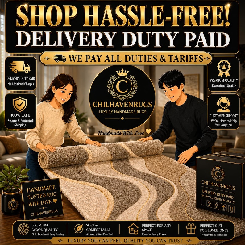 May include: A tufted rug with a wavy pattern in shades of beige, tan, and brown. The rug is partially unrolled, displaying a thick, textured pile. The image includes text such as CHILHAVENRUGS, HANDMADE TUFTED RUG WITH LOVE, and various service icons.