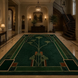 May include: A large rectangular area rug featuring a deep green background with a symmetrical floral motif in lighter green and brown tones. The design includes geometric borders and stylized plant patterns centered on the floor of a hallway.