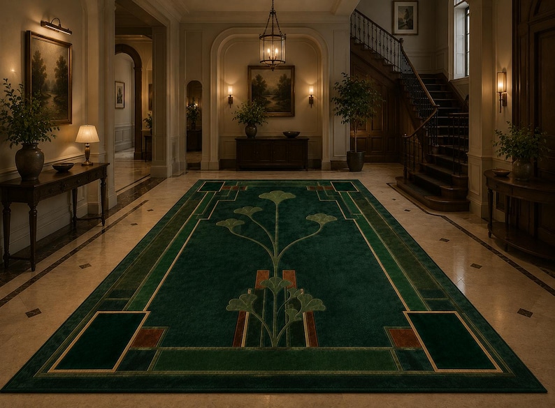 May include: A large rectangular area rug featuring a deep green background with a symmetrical floral motif in lighter green and brown tones. The design includes geometric borders and stylized plant patterns centered on the floor of a hallway.