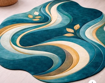 Handmade Abstract Wool Rug, Teal Blue Gold Irregular Living Room Carpet