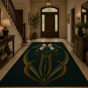 May include: A rectangular area rug featuring a dark teal background with a central symmetrical floral motif. The design displays stylised white iris flowers with long, flowing green and copper-toned stems and leaves extending across the surface.