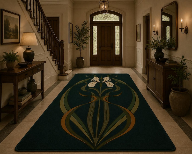 May include: A rectangular area rug featuring a dark teal background with a central symmetrical floral motif. The design displays stylised white iris flowers with long, flowing green and copper-toned stems and leaves extending across the surface.