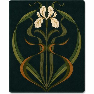 May include: A rectangular dark green mat featuring a centred symmetrical illustration of a cream-coloured iris flower. The design includes long, flowing green and orange leaves that curve outward and upward, creating a circular frame around the bloom.