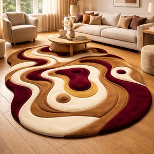 Tapis abstrait irrégulier fait main, moquette capitonnée marron crème bordeaux
