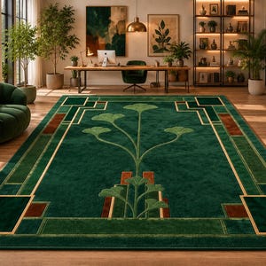 Art Deco Botanical Rug, Handmade Tufted Green Area Rug, Luxury Ginkgo Leaf Carpet, Emerald Gold Designer Rug, Custom Modern Living Room Rug, image 8